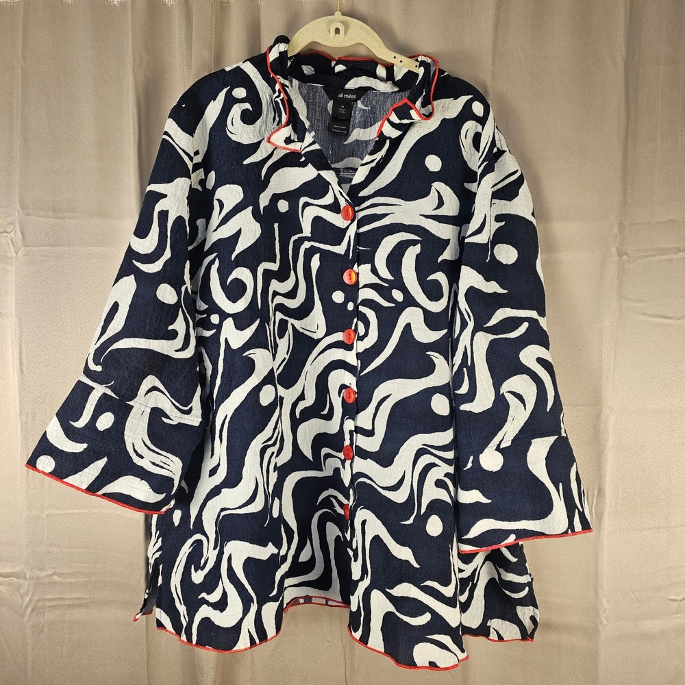 Ali Miles Navy Button Down Patriotic Blouse Lagenlook‎ Artsy 3X Red White Blue
